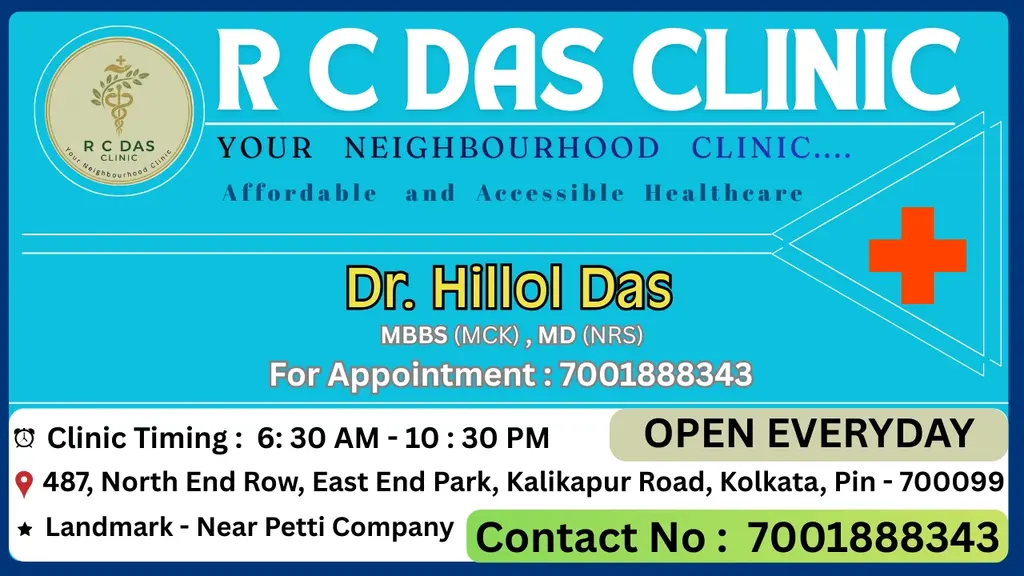 R C Das Clinic signboard in Kalikapur, Kolkata featuring Dr. Hillol Das, clinic timings, and appointment contact details.
